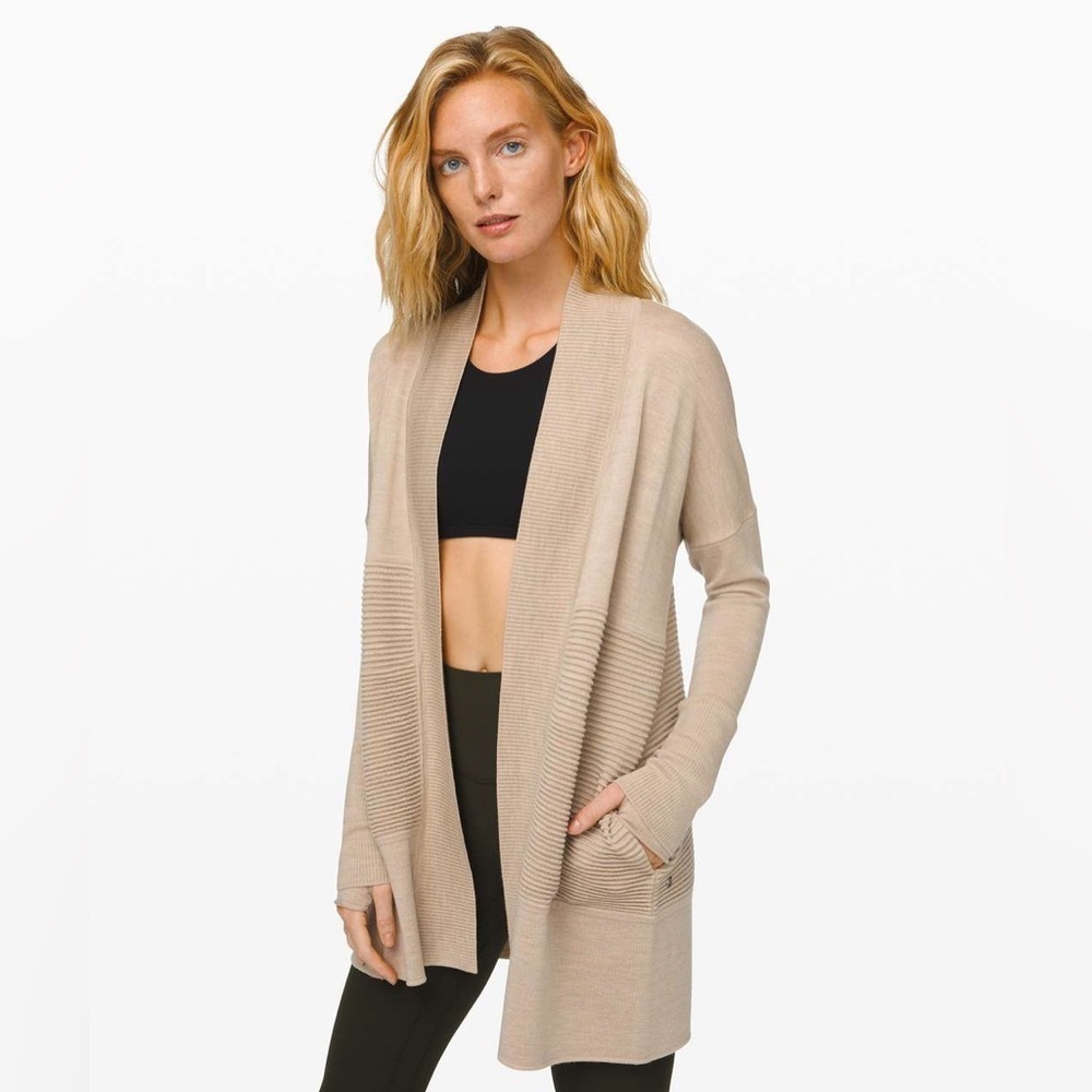 Lululemon Sit In Lotus Wrap II Tan Heathered Sandlot Openfront Cardigan 4 Four
